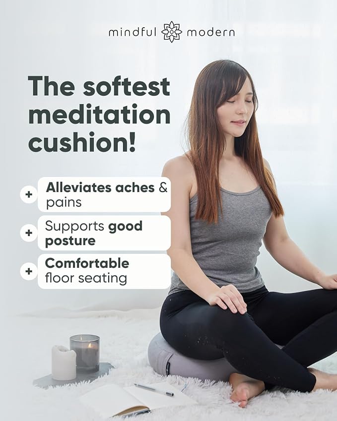 Mindful Modern Large Meditation Cushion for Zafu Yoga - Meditation Pillow for Sitting on The Floor - Buckwheat Hull Filled Yoga Cushion with Removable, Washable 100% Cotton Cover and Carry Handle