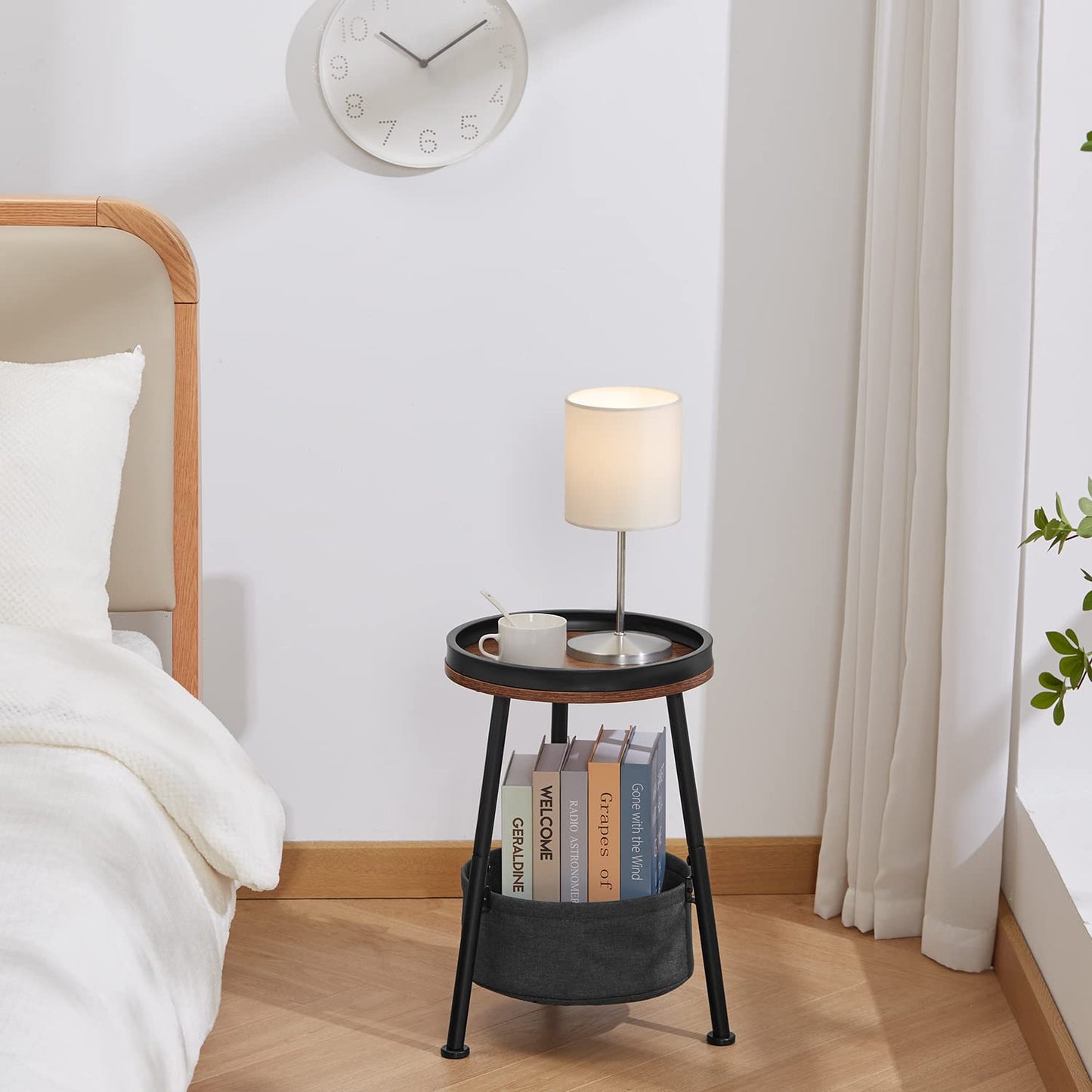 LEMONDA Small Round End Table, 2 Tier Round Side Table with Storage Basket,11.8”D*17.8”H Small Round Table,Sofa Side Table,Small Round Nightstand for Living Room Bedroom