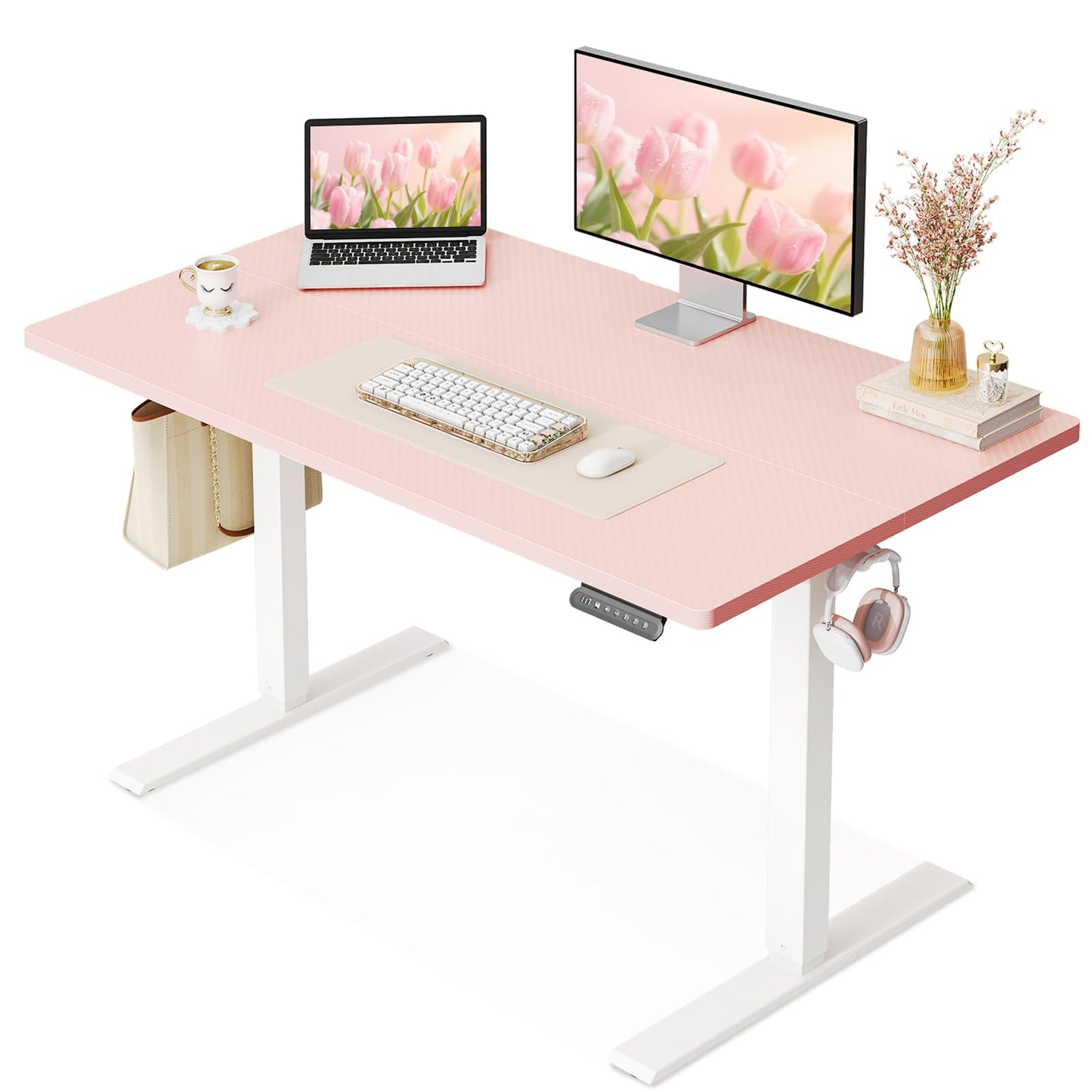 OffiGo Electric Height Adjustable Standing Desk, 40 Inch Pink Computer Desk for Women Girls, Sit Stand Table for Home, Office, Bedroom