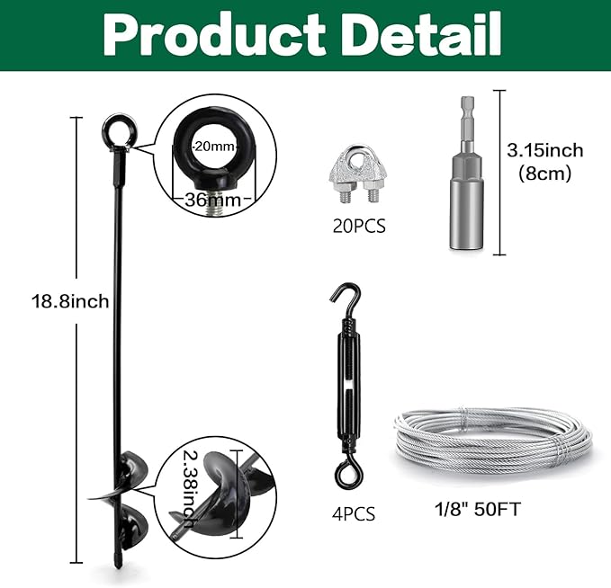 hannger 8 Pack 18" Ground Anchors Shed Anchor Kit with 100 FT Galvanized Cable & Turnbuckles, Heavy Duty Earth Anchors for Sheds Canopy Gazebo Dog Runs Carport Tent
