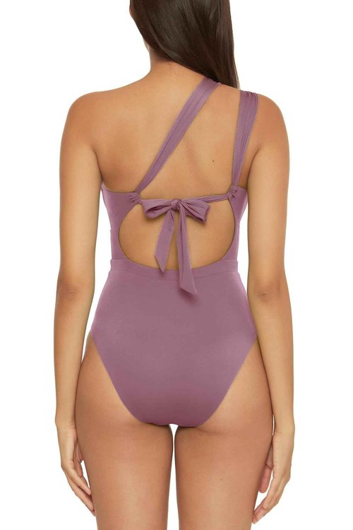 Becca by Rebecca Virtue Color Code - Women's Convertible Bandeau One Piece Swimsuit, Asymmetrical Straps, Bathing Suits for Women, Fig, Medium