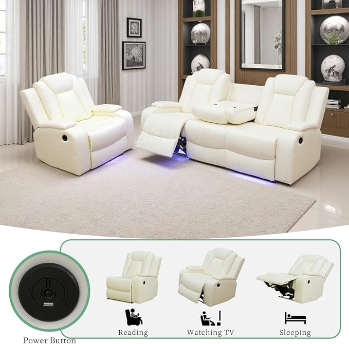 Dekmxas Modern 3 Recliner Seats Leather Power Sectional Reclining Sofa Set with LED Light, 2-Piece Power Recliner Sofa and Chair with Storage Console/Cup Holders for Living Room/Apartment/RV/Office