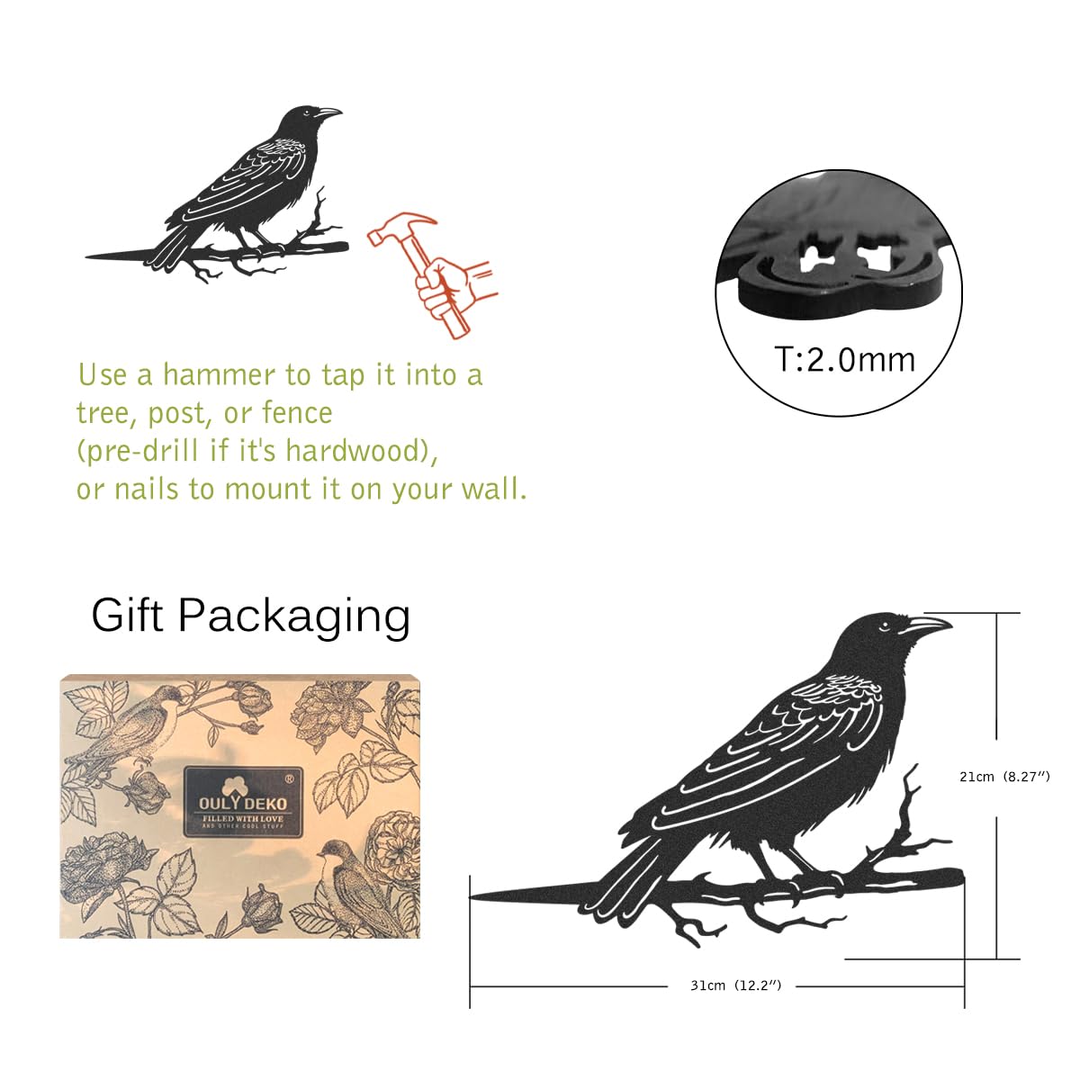 OULYDEKO Raven Decor,Metal Birds Yard Decor,Metal Yard Art Outdoor and Garden,Tree Decorations Outdoor,Yard Animals,Black Crows Halloween Decor