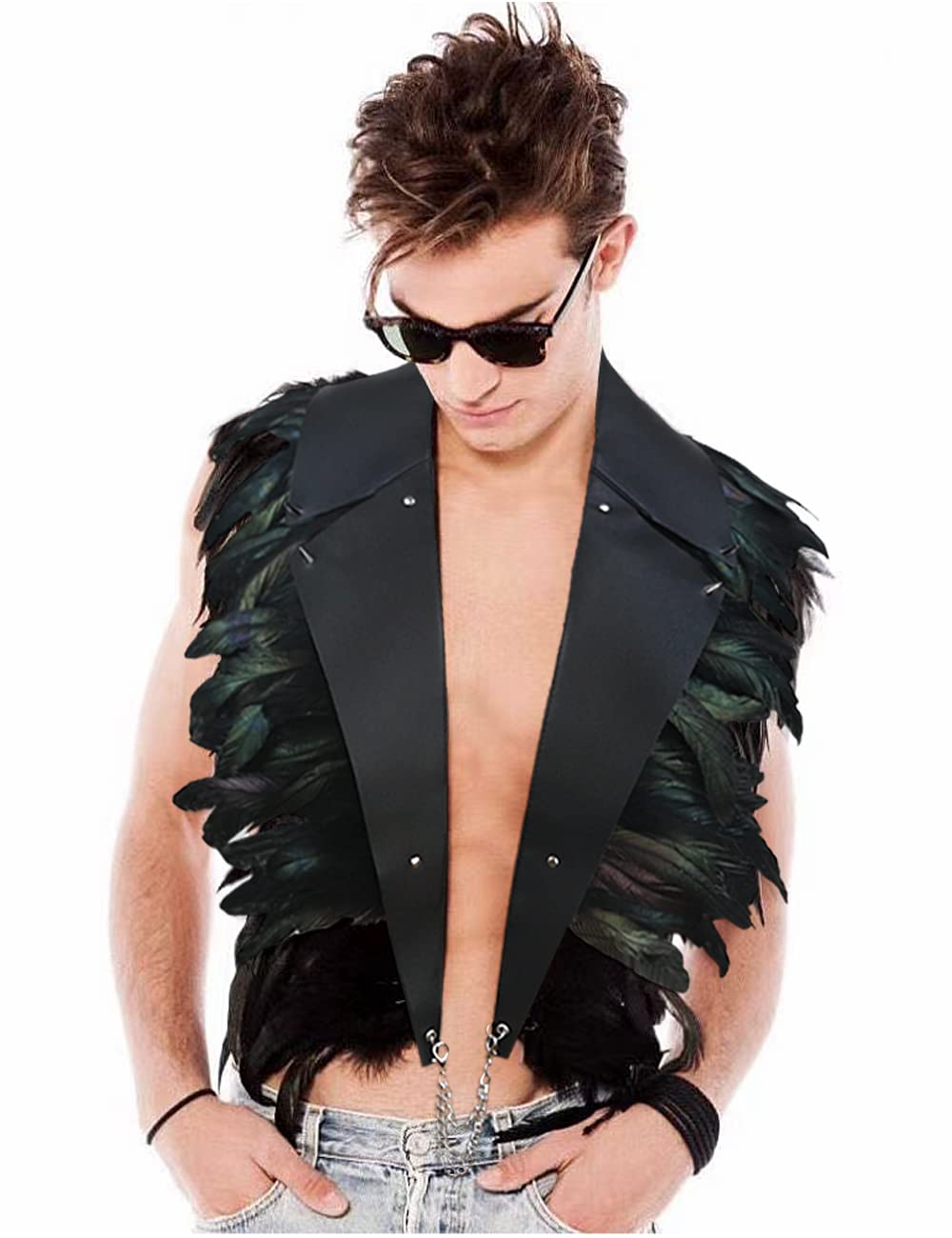 L'VOW Real Black Feather Cape with Metal Chain PU Leather Gothic Shawl Shrug Halloween Costume for Women and Men(Black)