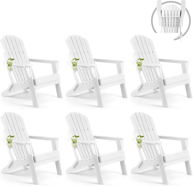 FUNBERRY Folding Adirondack Chair Set of 6, All Weather HDPE Fire Pit Chairs with Cup Holder for Outdoor
