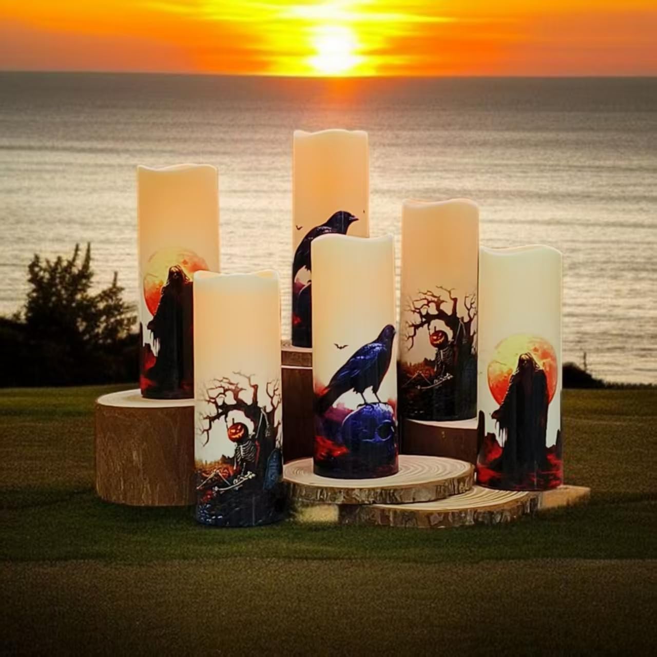 Halloween Flameless LED Candles, Set of 6, Gothic Design with Remote Control, 6 in x 2.15 in, 2AA Battery Operated 400+ Hours, Timer Function, Halloween Decorations in Fall, Indoor/Outdoor Ues.