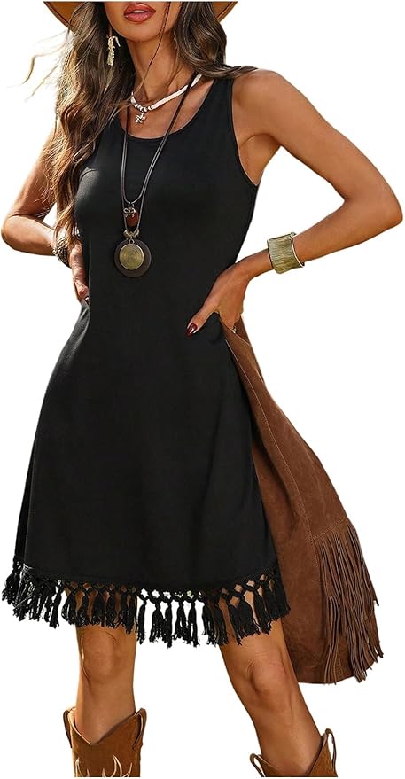 Verdusa Women's Western Fringe Tank Dresses Cowgirl Sleeveless Short Summer Dress