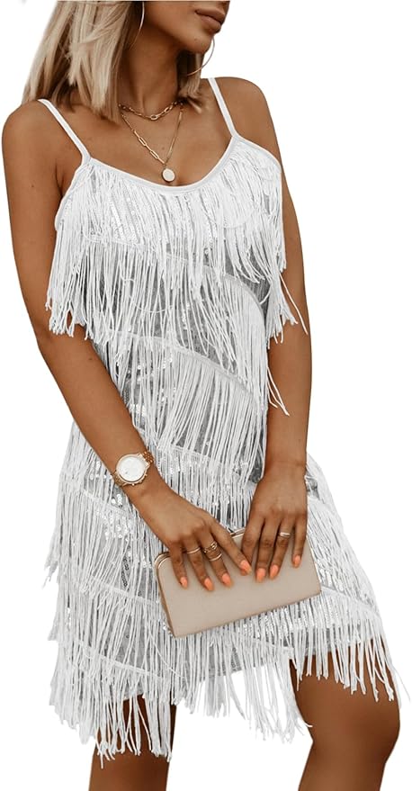 miduo Womens Sequin Tassel Fringe Party Dress Sleeveless Spaghetti Straps Flapper Dresses Cocktail Mini Dresses