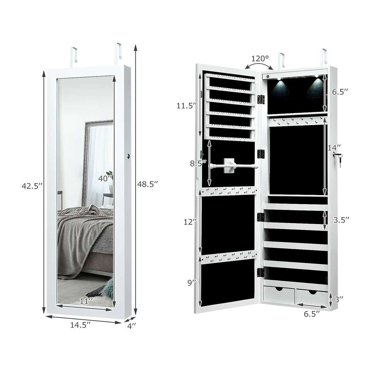 FANTASK Wall/Door Mounted Jewelry Cabinet Armoire, Lockable Armoire Cabinet w/Full Length Mirror, 2 LED Lights, Adjustable Hanging Hooks, Jewelry Organizer for Dressing Make-up (White)