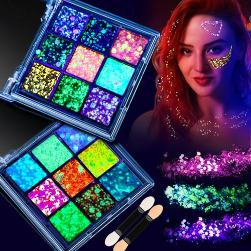 FANDAMEI Glow in The Dark Glitter, 2 Glitter Gel Palette 18 Grids Face Body Hair Glitter for Glow in The Dark Glitter Make...
