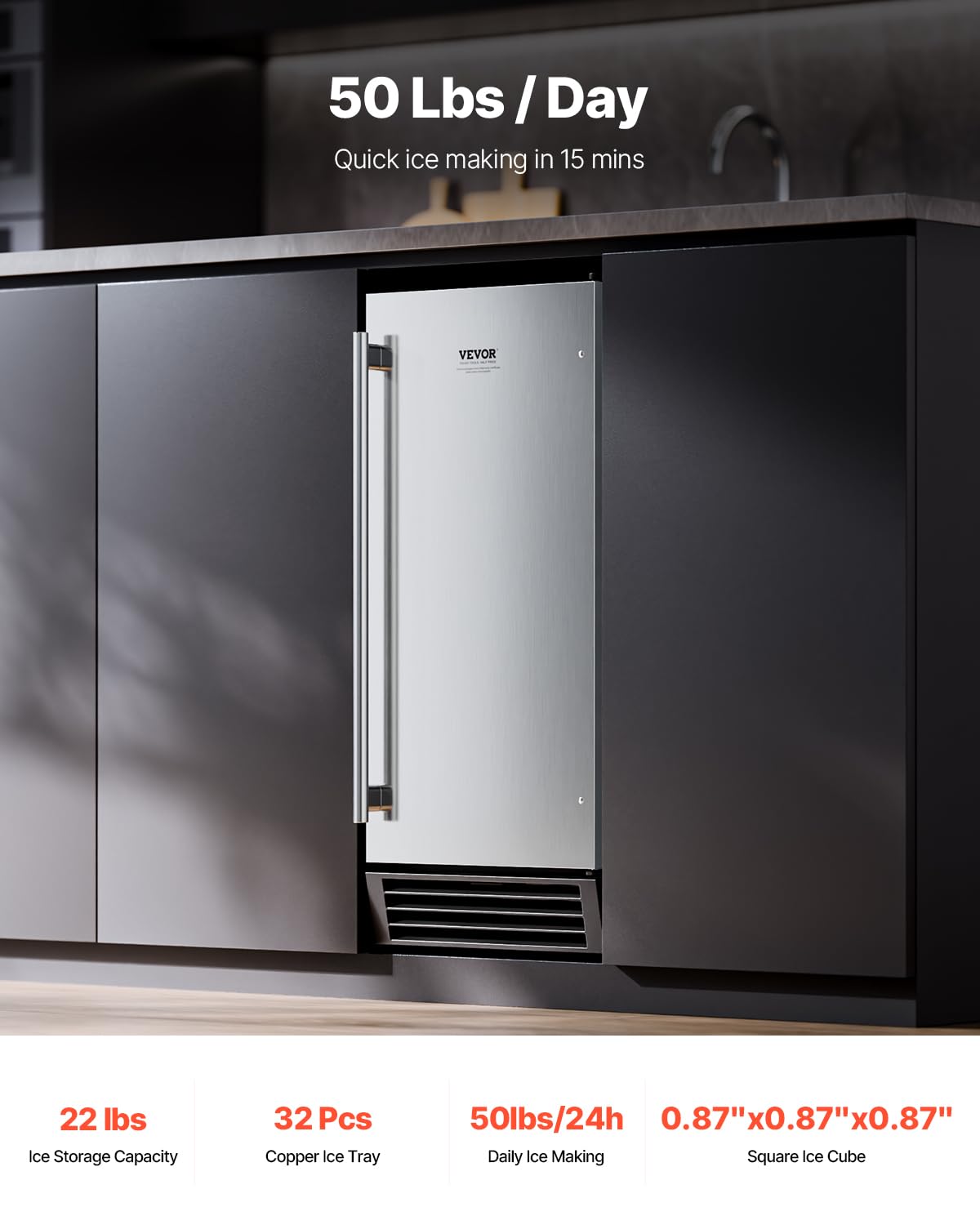 VEVOR Undercounter Built-in Ice Maker, 50 Lbs/Day Under Counter Ice Maker Machine with Drain Pump, Reversible Door, Stainless Steel Freestanding Ice Maker for Commercial Home Kitchen