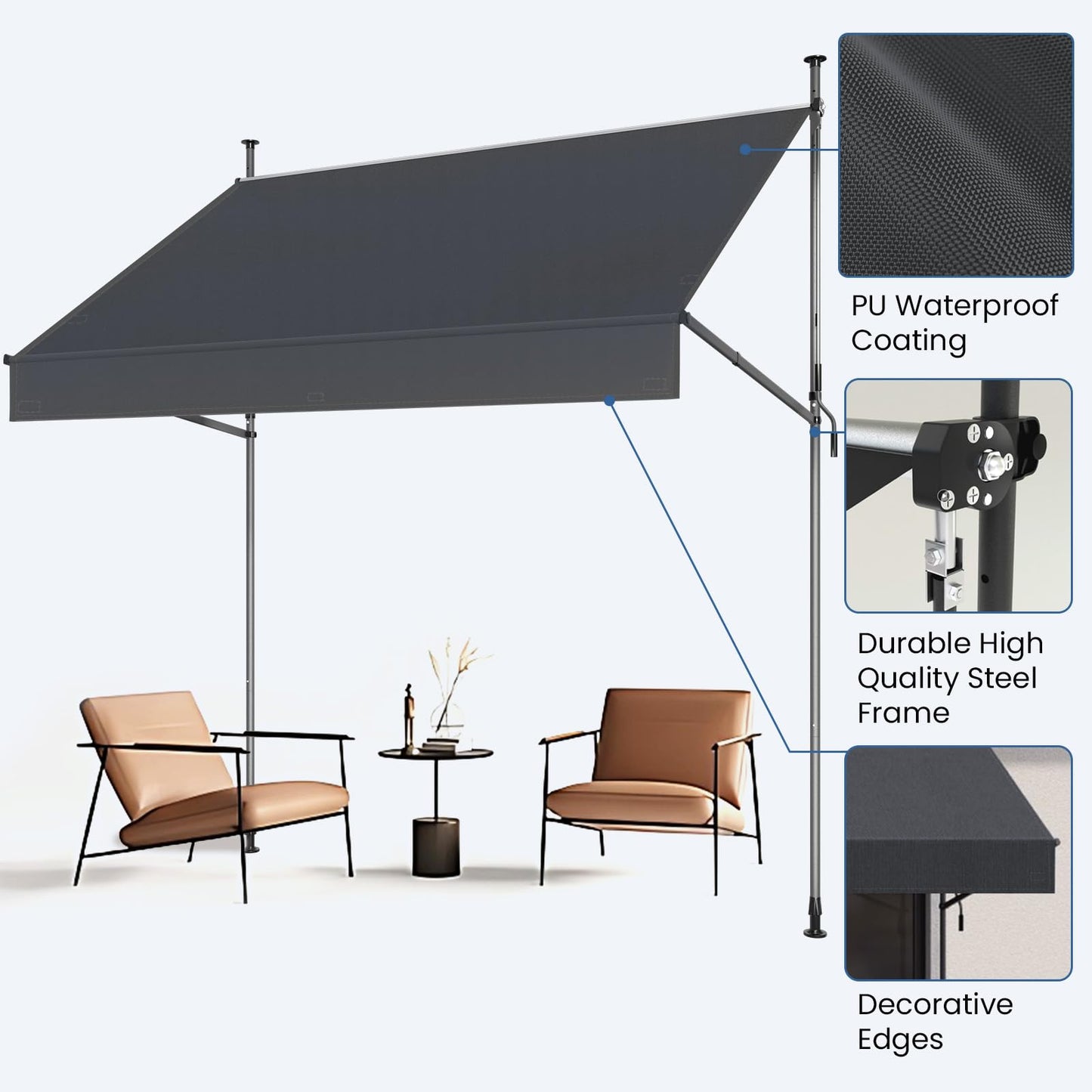Grandekor Manual Retractable Awning,79"W x 118"H,No Drilling Outdoor Sun Shade Patio Awning,Adjustable Patio Door Window with UV 50+ Protection for Backyard,Garden,Balcony,Max Height 118",Carbon gray