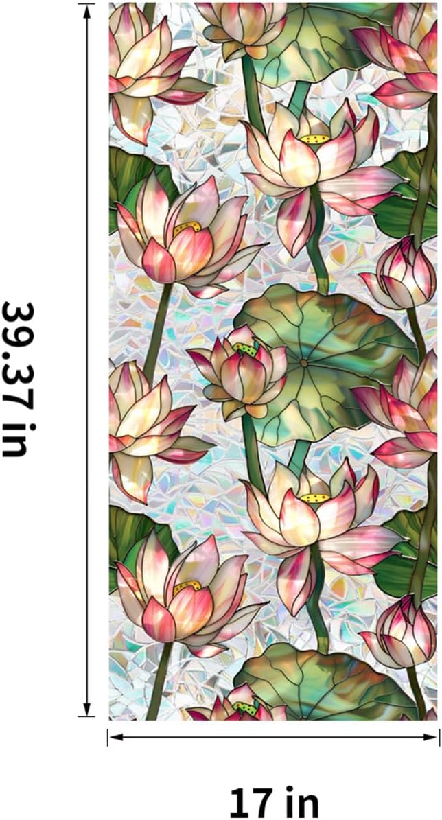 Stained Glass Window Film UV Resistant Window Privacy Film Lotus Floral Privacy Rainbow Decals Living Room Bedroom Sun Blocking Decor Removable Static Cling Stickers 17 x 39.37 Inch