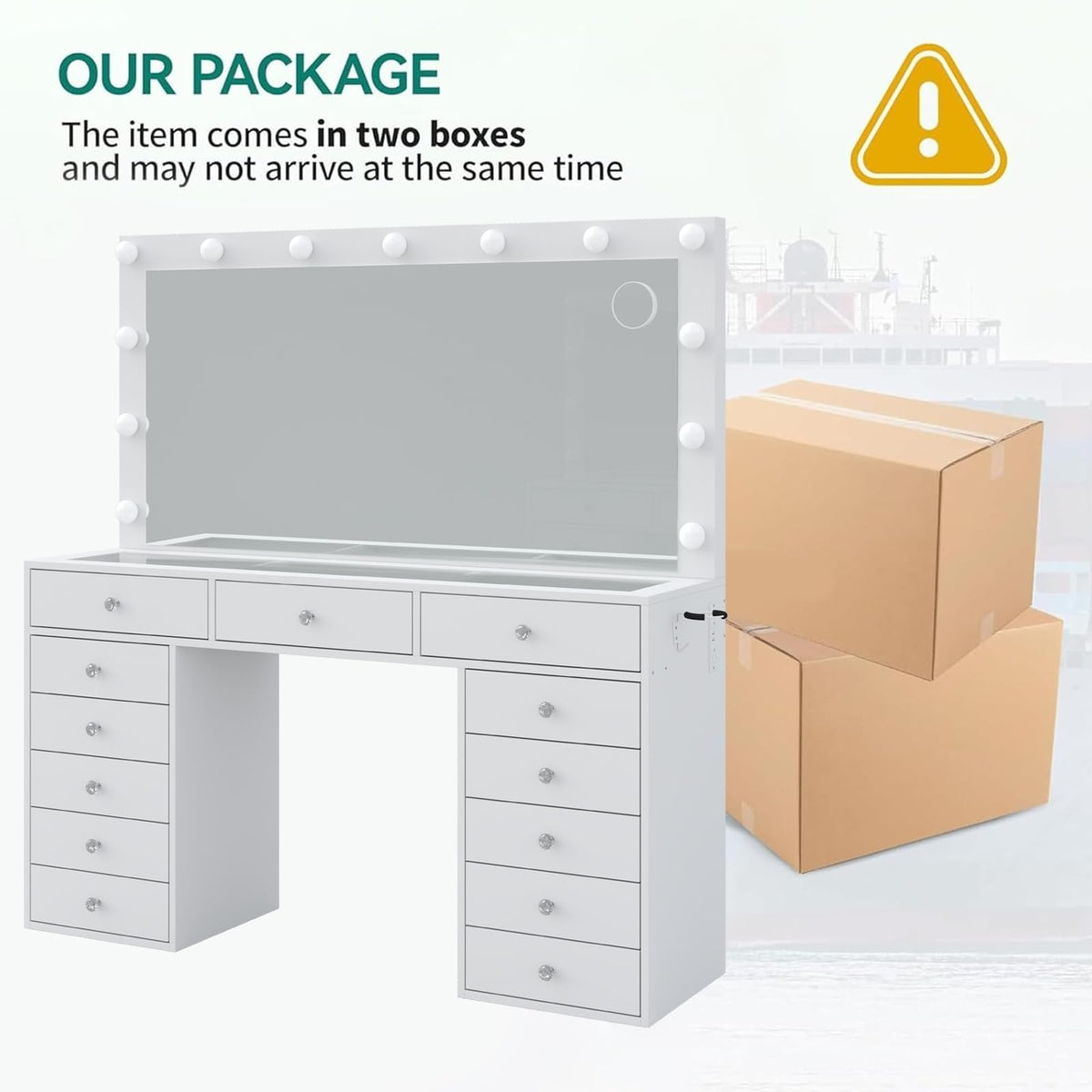FUSOU 55'' W Makeup Vanity with Power Outlet & Lighted Mirror, Vanity Desk 13 Drawers Glass Top, 3 Lighting Modes Adjustable, Dressing Table with Chair for Bedroom
