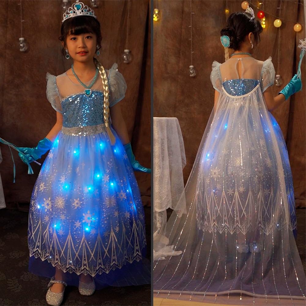 Aimeiar Light Up Girls Halloween Costume Snow Princess Dress Ice Christmas Costumes Toddler Kids Costume with Accessories