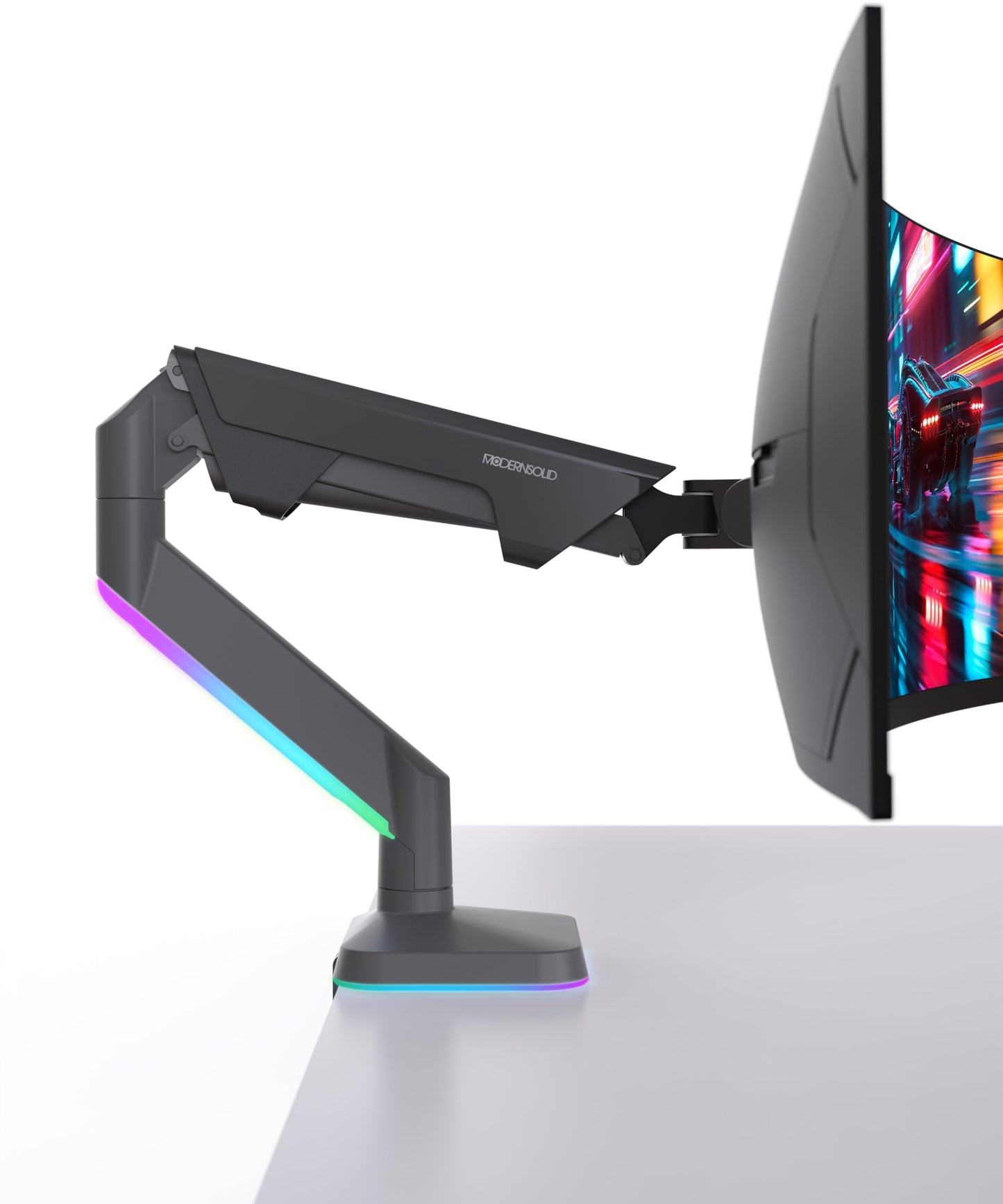 Modernsolid Heavy Duty Ultrawide Monitor Arm with RGB Lighting & USB Charging, Fits 34 to 49 inch Curved Screens, Supports 14 to 38 lbs, Adjustable Desk Mount, Gaming Setup, Black
