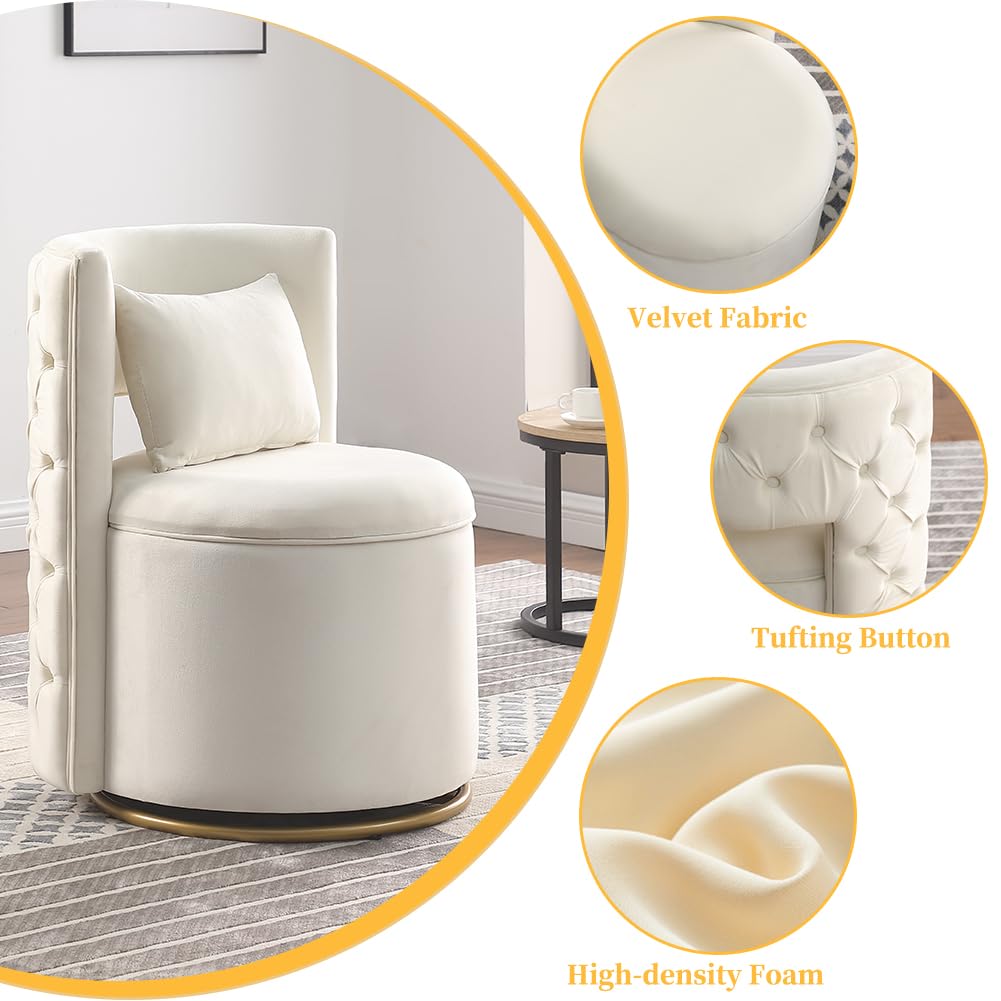 Swivel Accent Chair,Velvet Round Storage Sofa Club Upholstered Barrel Modern Arm Chair for Nursery, Living Room, Hotel, Bedroom, Office, Lounge, Hotel Office (Off White)
