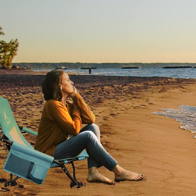 Oileus Low Beach Chair for Beach Tent/Shelter/Camping/Outdoor Ultralight Backpacking Folding Recliner Chairs with Cup Holder/Storage Bag, Carry Bag, Breeze Mesh Back, Compact Duty 2 Pcs