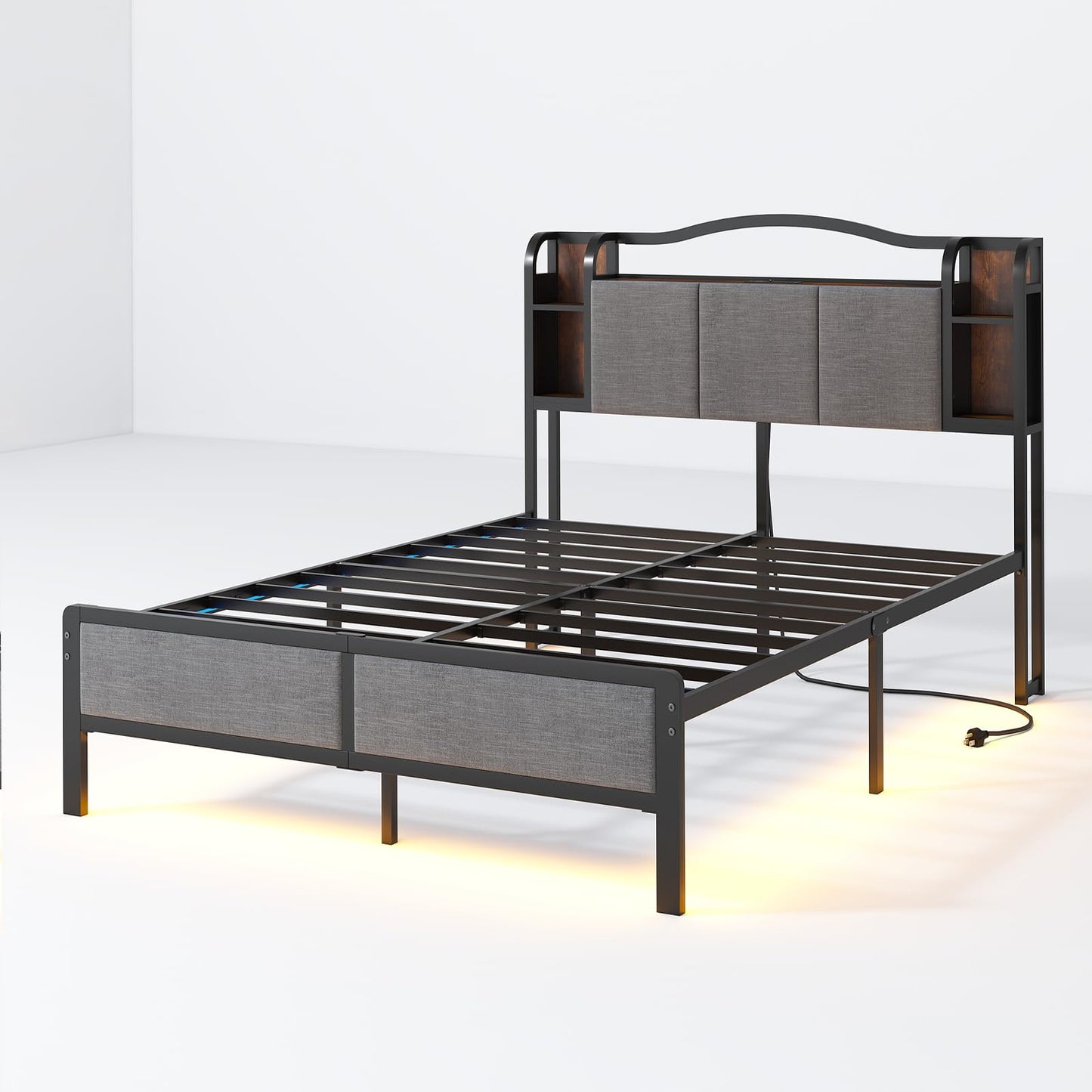 AROMUSTIME Queen Size Bed Frame with Upholstered Headboard & Footboard, Metal Bed Frame with LED Lights & Charging Station, No Box Spring Needed, Noise-Free Easy Assembly, Large Under Bed Storage