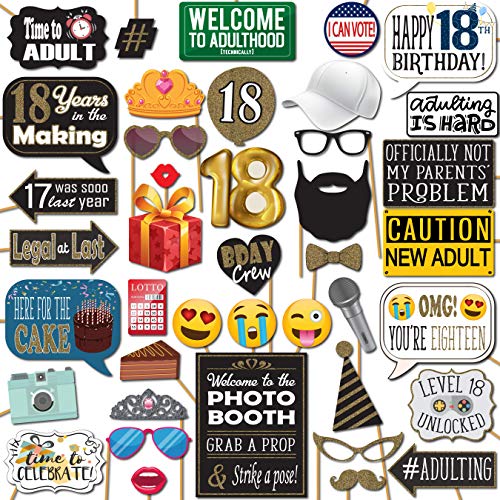 18th Birthday Photo Booth Props - 41-pc Photobooth Kit with 8 x 10-Inch Sign, 60 Adhesive Pads, 45 Sticks - 18th Birthday ...