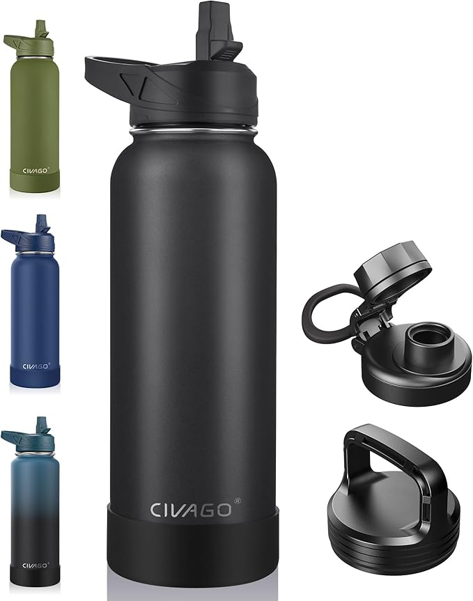 CIVAGO 40 oz Insulated Water Bottle With Straw, Stainless Steel Sports Water Cup Flask with 3 Lids (Straw, Spout and Handl...