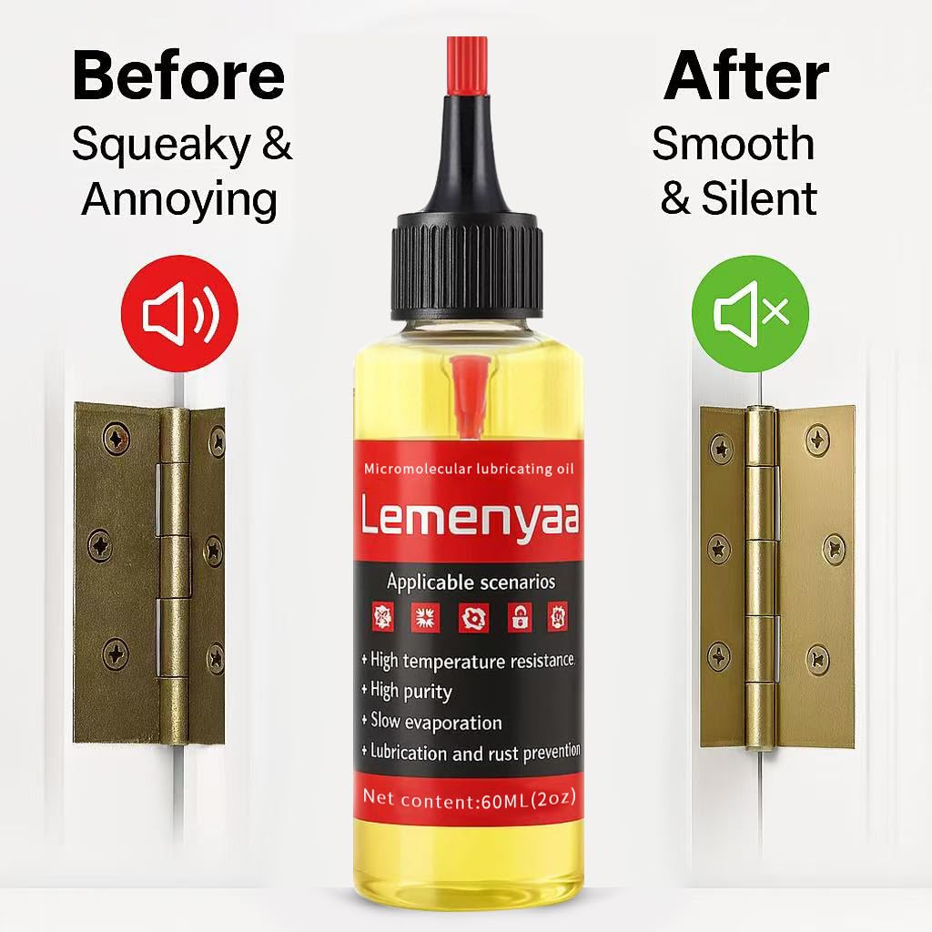 Lemenyaa Door Hinge Lubricant – 2 OZ Silicone Oil with Built-in Nozzle Storage – Non-Spray, No-Drip Formula for Squeaky Hinges, Locks, Garage Doors, Sliding Tracks & More – Odorless & Rust-Resistant