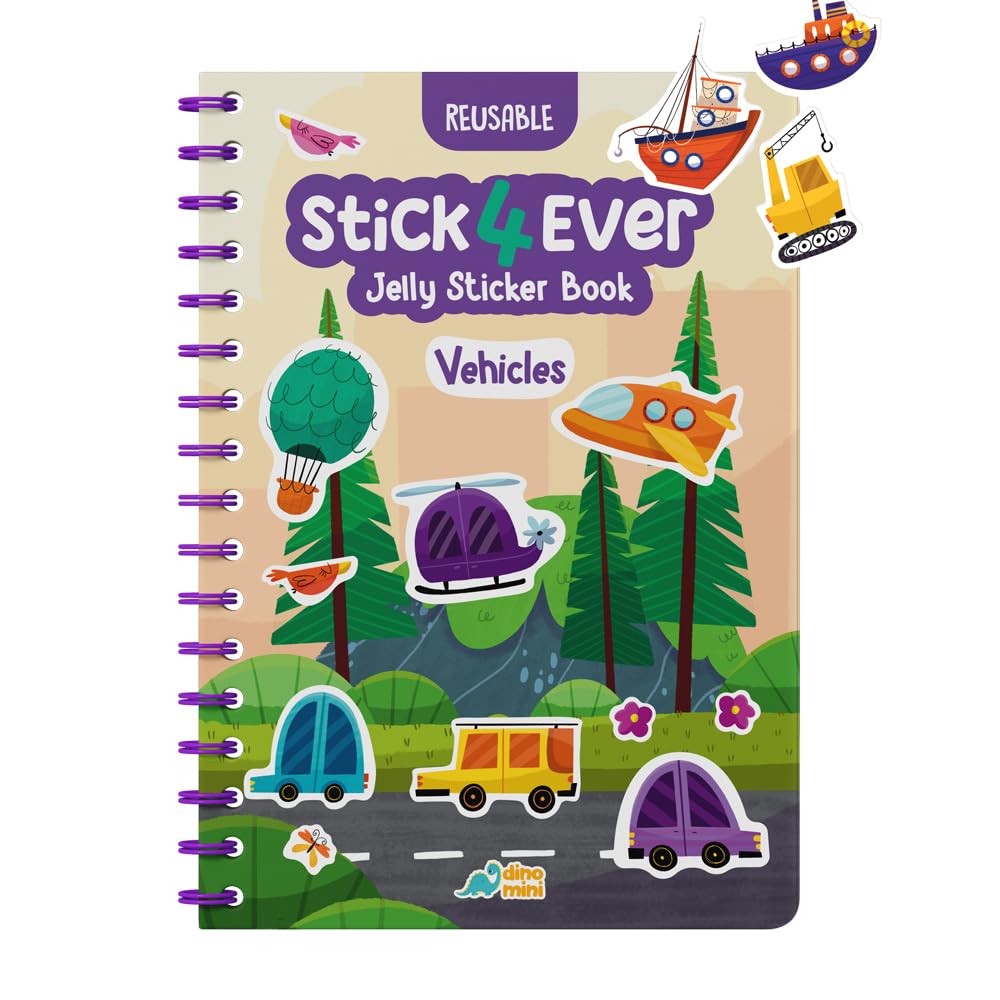 Stick4Ever Jelly Sticker Book - for Kids - Waterproof, Easy to Clean Jelly Stickers for Kids - Reusable Sticker Book for Toddlers with 50 Pcs of Reusable Stickers (Vehicles)