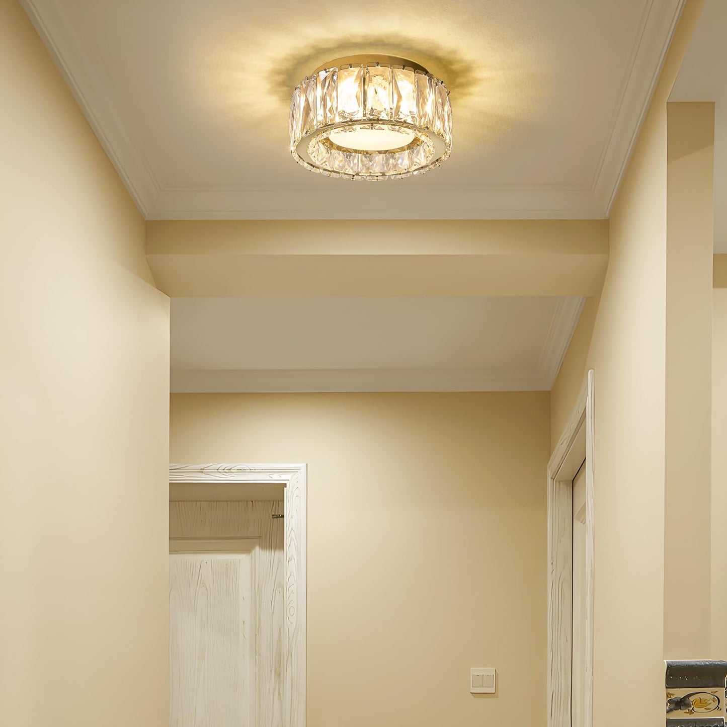 Suenigle Modern Dimmable LED Luxury Crystal Gold Flush Mount Ceiling Light Fixture,7.87 Inch 15W,3CCT,mini Round Close to Ceiling Chandelier for Hallway,Kitchen,Laundry Room,Entryway