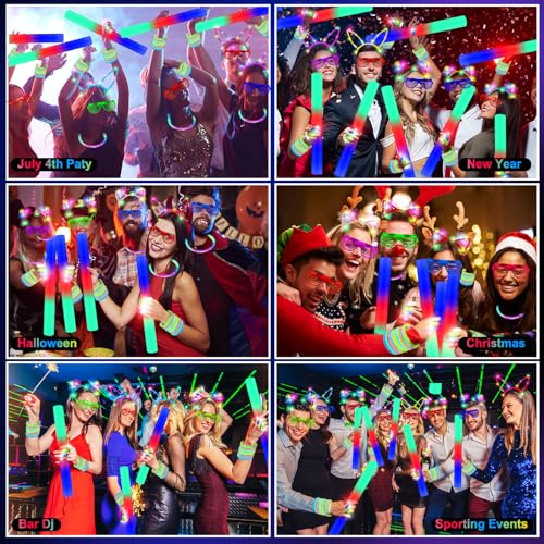 OLUPP 282 PCS Glow in the Dark Party Supplies, 18 Foam Sticks, 18 LED Glasses, 200 Glow Sticks, 30 Finger Lights, 8 Bunny ...