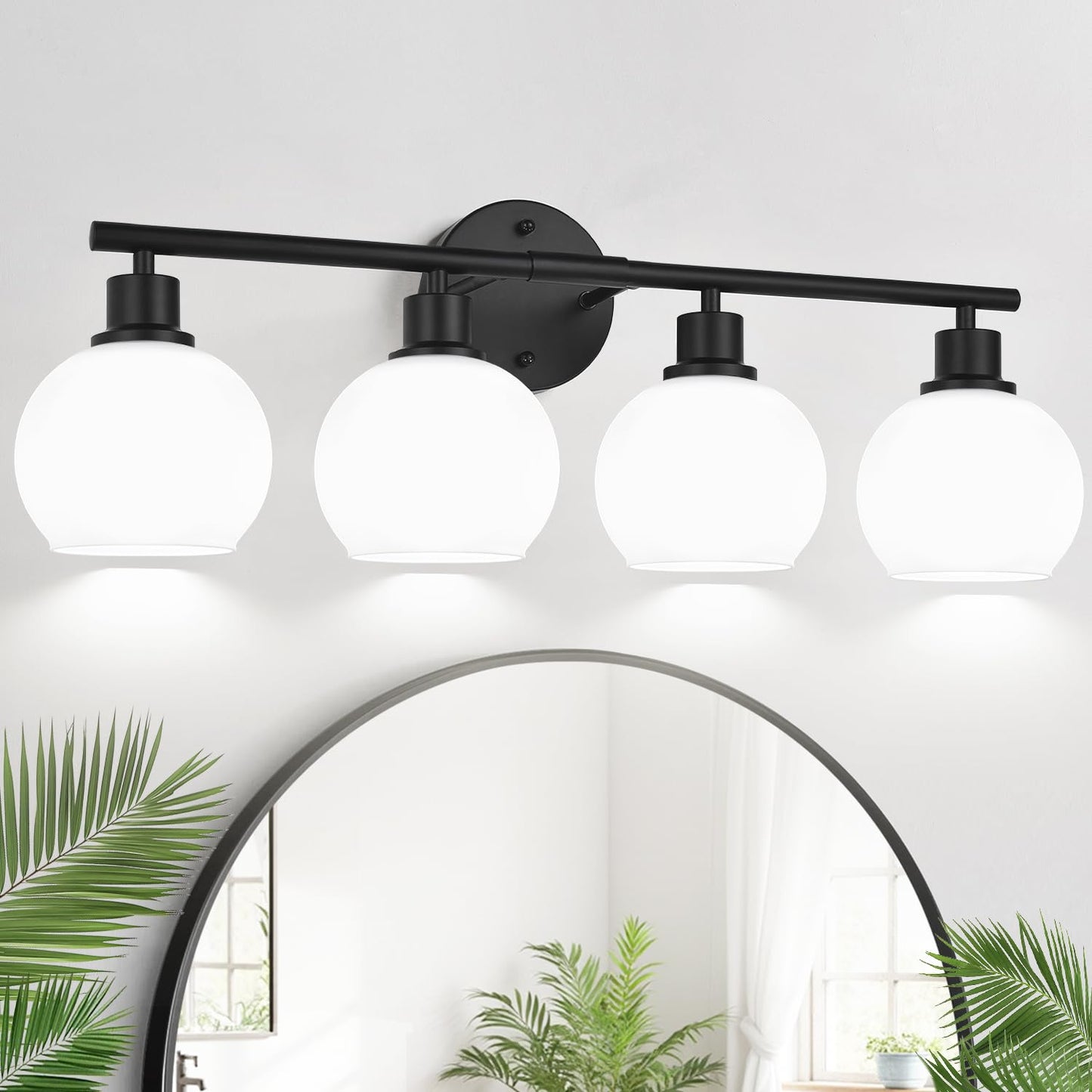 Indoi 4-Light Bathroom Light Fixtures, Black Bathroom Lights Over Mirror with Milky White Frosted Glass Globe Shade, Vanity Lights for Bathroom Kitchen Living Room Hallway Cabinet Bedroom Porch