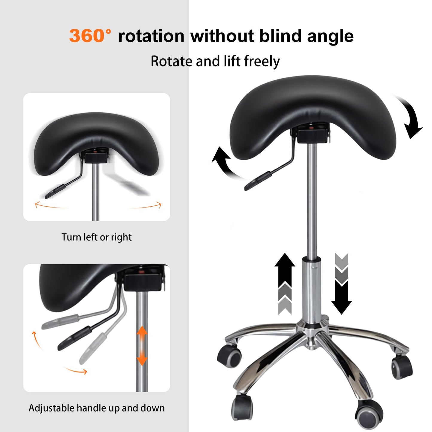DENGTELI Ergonomic Saddle Chair with Adjustable Swivel castors, Corrects Posture and alleviates Back Pain, Suitable for Offices, Dental clinics, Salons, and Tattoo Studios (Black)