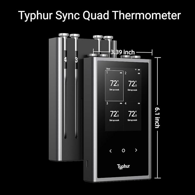 Typhur Sync Wireless Quad Gen 2 Meat Thermometer | 4 Probes | 6 Sensors | LCD Display | WiFi and Bluetooth 5.3 | Improved Stability and Range | IPX8 Waterproof | for BBQ, Grill, Smoker, Oven, Kitchen