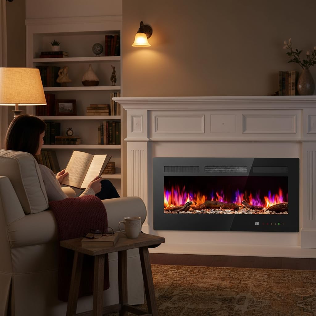 36" Electric Fireplace Insert, 1500W Wall Mounted & Recessed Fireplace Heater with Remote & Touch Screen, Adjustable Flame Color & Brightness, 12H Timer, Low Noise Electric Fireplace for Indoor Use