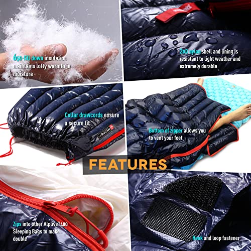 ZOOOBELIVES 초경량 배낭여행 32-50F 다운 침낭 - 765.4g(27온스) 울트라 컴팩트 650 필 파워 엔벨롭 침낭, 하이킹, 캠핑 및 오지용, 경량 및 압축 가능 - Alplive T400