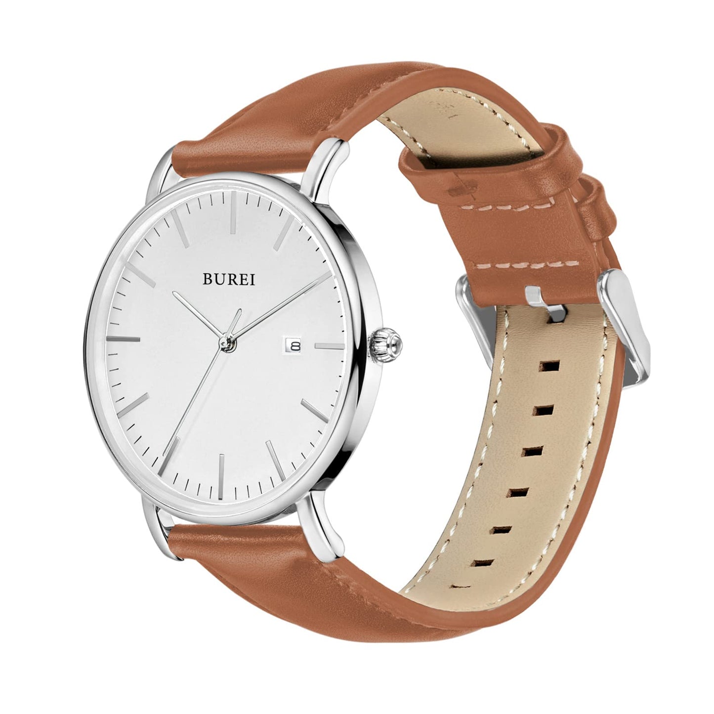 BUREI Men's Fashion Minimalist Wrist Watch Waterproof Watches Simple Ultra Thin Watches Analog Quartz Date with Brown Black Leather Strap