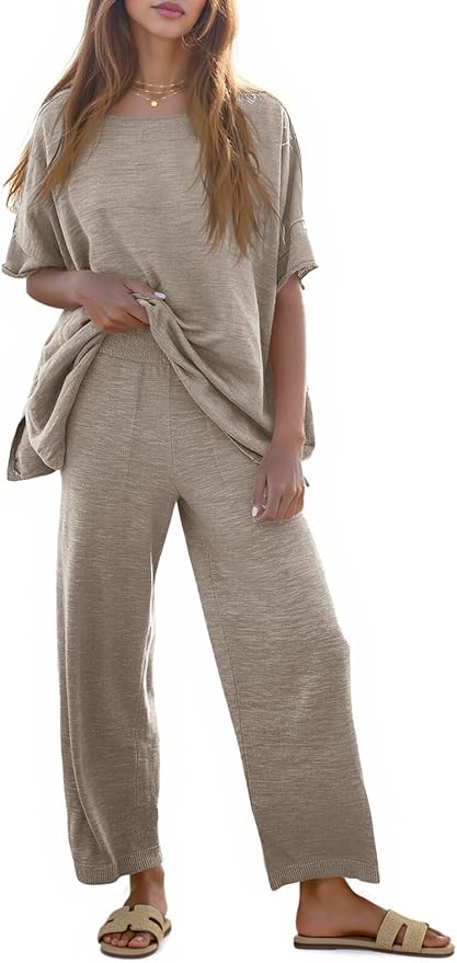 Tankaneo Women's 2 Piece Travel Outfits Casual Short Sleeve Knit Sweater Set Wide Leg Pants Lounge Sets Tracksuit