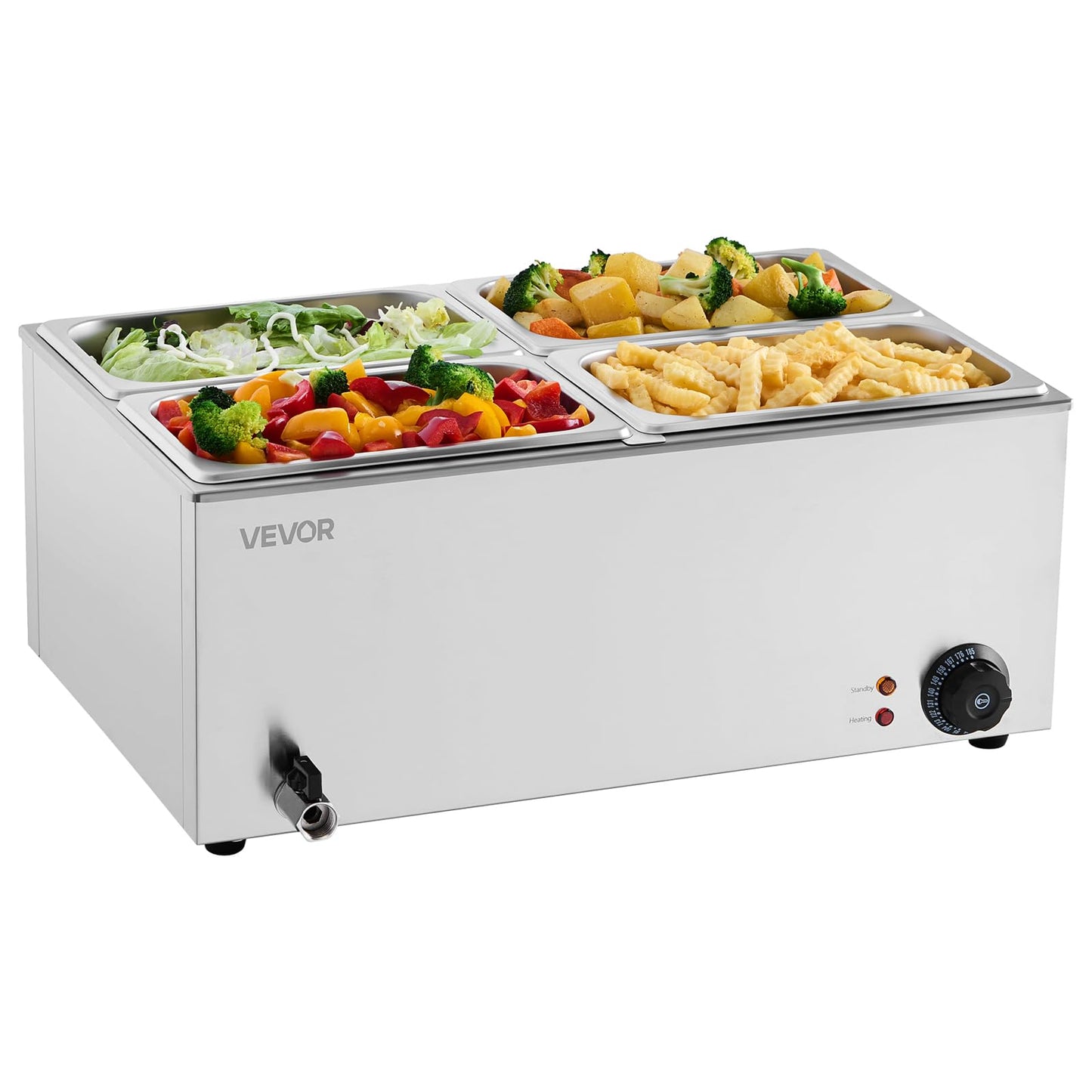VEVOR 4-Pan Commercial Food Warmer, 24QT Electric Steam Table, 1200W Professional Countertop Stainless Steel Buffet Bain Marie with 86-185°F Temp Control for Catering and Restaurants, Silver