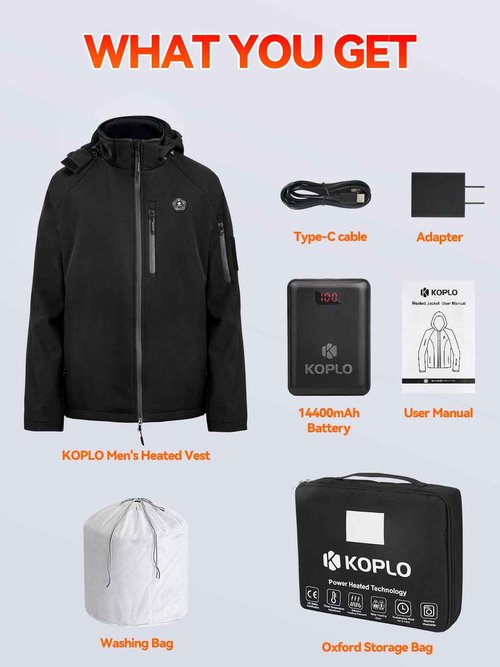 KOPLO Heated Jacket for Men, 14400mAh Battery Pack with Detachable Hood, Waterproof Outdoor Heating Jacket-L