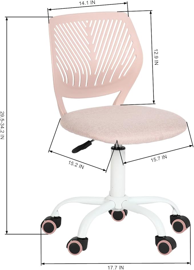 Armless Home Office Desk Chair, Colorful Task Chair with Soft Mesh Padded Cushion, Height Adjustable Swivel Study Computer Chair for for Girls Boys Teens (Pink Ⅰ, 1PC)