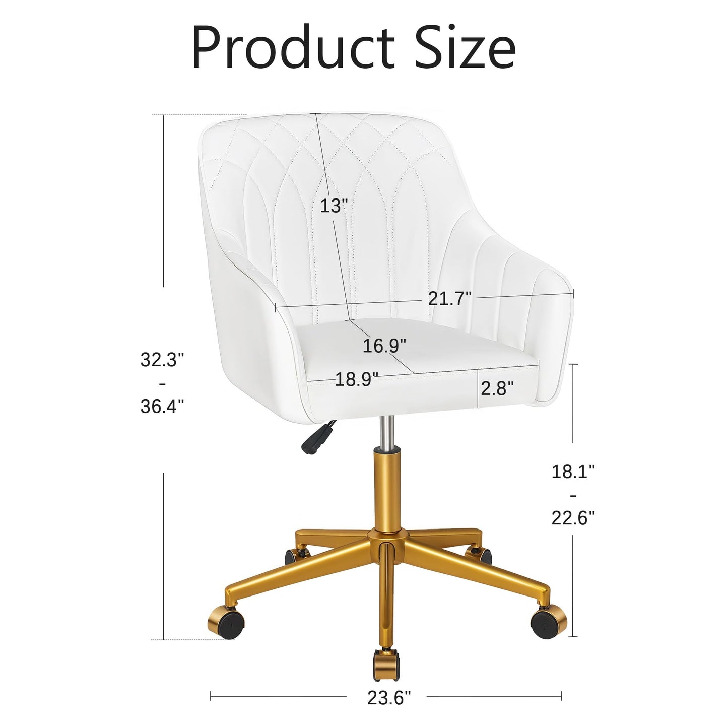 VECELO Modern PU Swivel Home Office Desk Chair with Back & Rolling Wheels, Adjustable Seat Height for Girls Women Bed Room Vanity Makeup/Task/Computer Work, White
