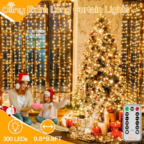 Ollny Christmas Curtain Lights 300 LED 9.8 FTx9.8 FT, Outdoor Waterproof Curtain String Lights with Remote Timer 8 Modes, ...