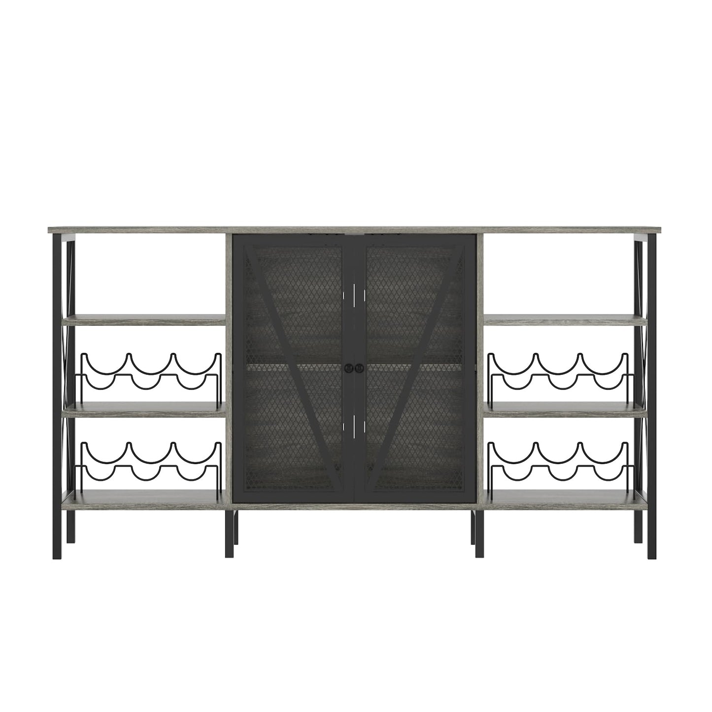 Garvee Farmhouse Wine Bar Cabinet with Wine Rack and Glass Holder, Rustic Coffee Bar with Led Light, Metal Sideboard and Liquor Table Cabinet with Mesh Door for Living Room, 55.12", Dark Grey