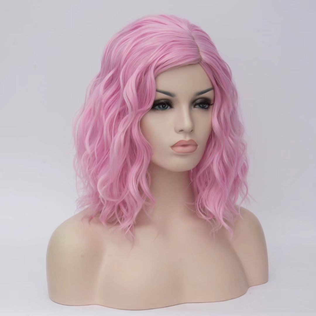 BUFASHION 14 Women Short Light Pink Kinky Straight Cosplay Synthetic Wigs With Air Bangs 46 Colors Available (Light Pink)