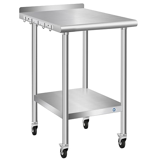 PIUMACU Stainless Steel Table with Wheels Small Stainless Table 24 x 18 Inch, Commercial All-Stainless Steel Metal Table for Kitchen Restaurant
