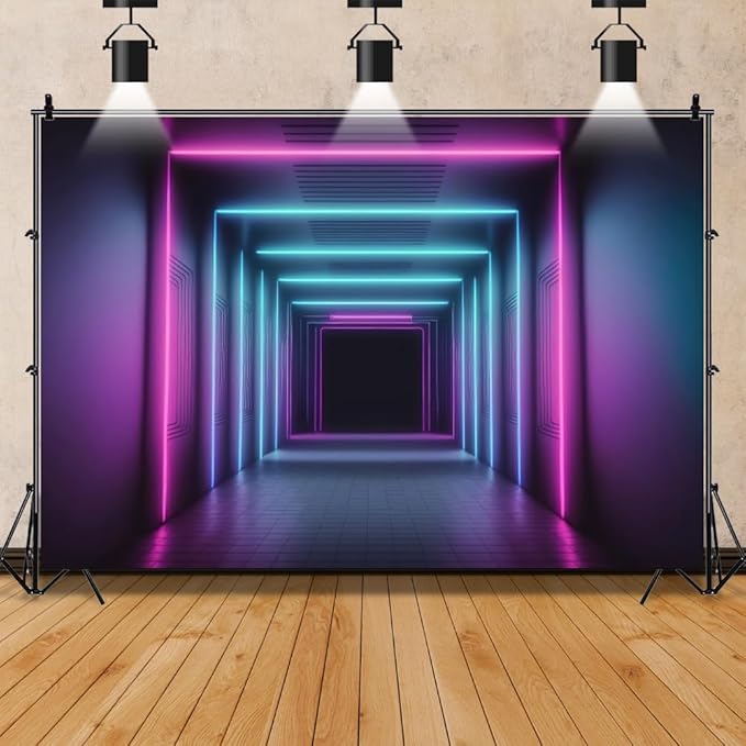 Leowefowa 10x8ft Vinyl Glow Corridor Photo Backdrop Blue Neon Photography Background Let's Glow Crazy Theme Birthday Party...