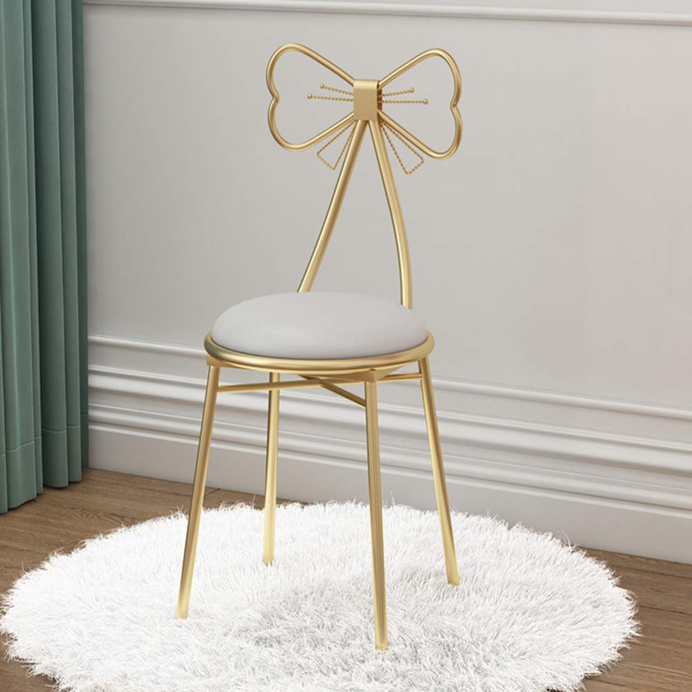Gluck Plants Modern Makeup Vanity Stool, Cute Butterfly PU White Stool Ottoman Bench, Metal Legs Gold Dining Chair for Kitchen, Bedroom, Living Room