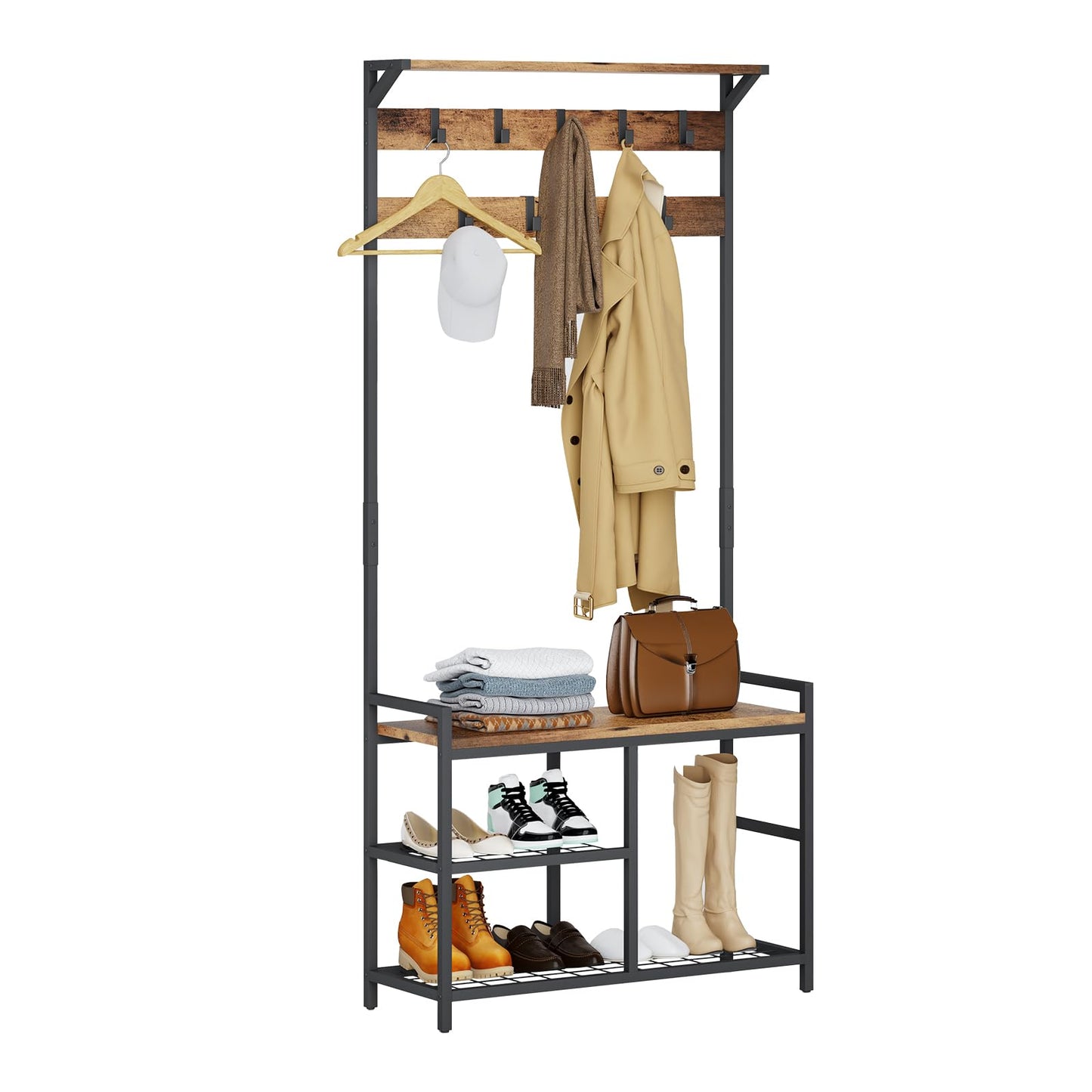 HOMEKOKO Coat Rack Shoe Bench, Hall Tree Entryway Storage Bench, Wood Look Accent Furniture with Metal Frame, 3-in-1 Design (Rustic Brown)