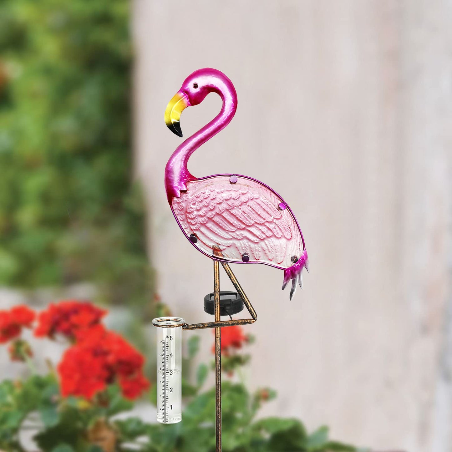 LEWIS&WAYNE 43’’ Solar Flamingo Rain Gauge Outdoor Decorative Metal Stake LED Lights with Glass Tube Solar Pathway Lights for Garden, Yard, Patio, Lawn Decor