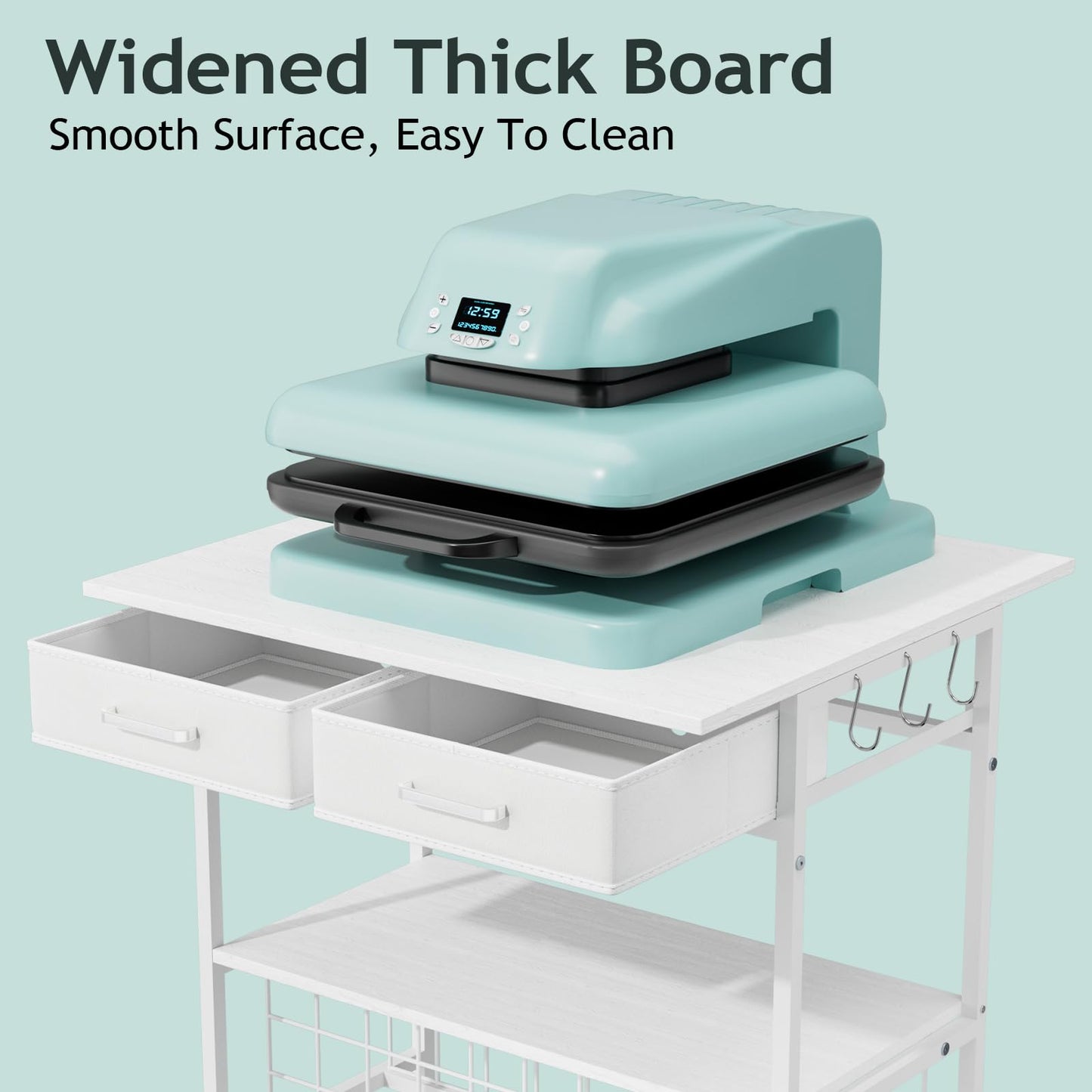Homsorout Movable Heat Press Table - Heat Transfer Machine Stand Compatible for Cricut, Vinyl Roll Holder, Rolling Metal Wood Sublimation Printer Organizer for T Shirt Maker Craft, 23.6''×19.6''