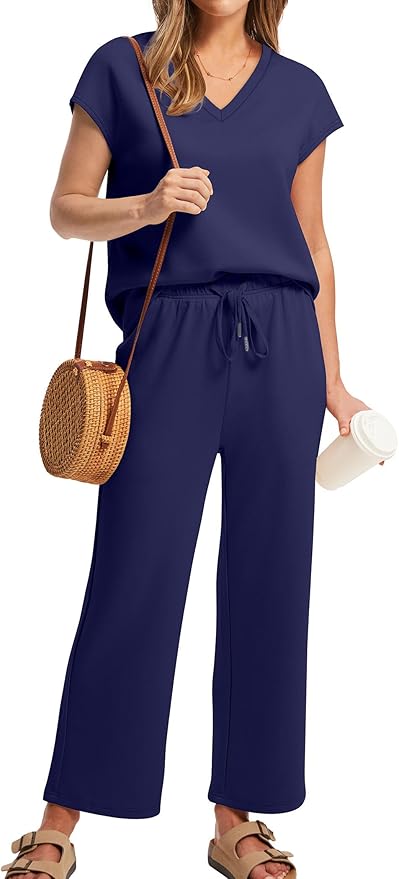 Saloogoe Two Piece Sets for Women Summer Outfits Lounge Sets V Neck Tops Wide Leg Pants Woman Vacation Travel Outfits